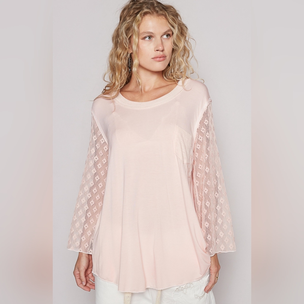 NWOT POL Women's Pink Lace Sleeve Top